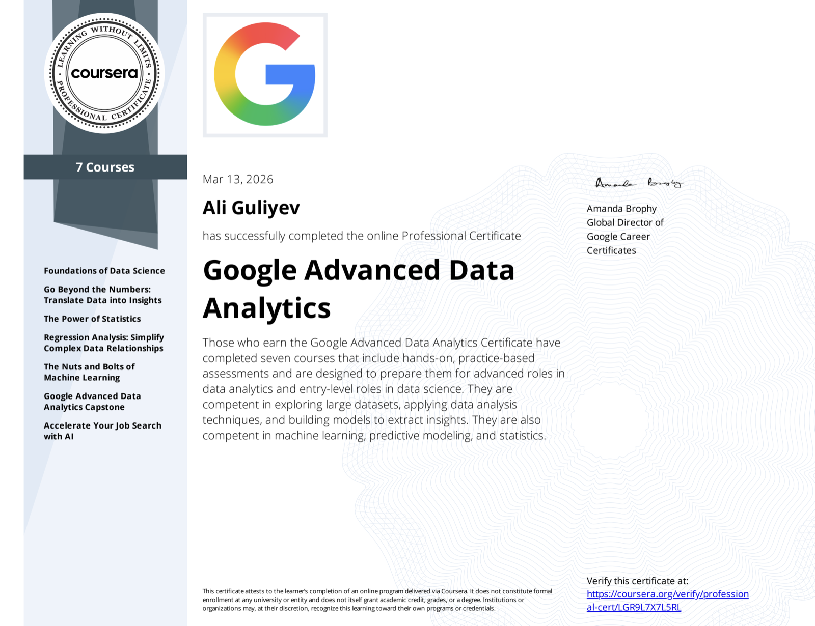 Google Advanced Data Analytics certificate preview