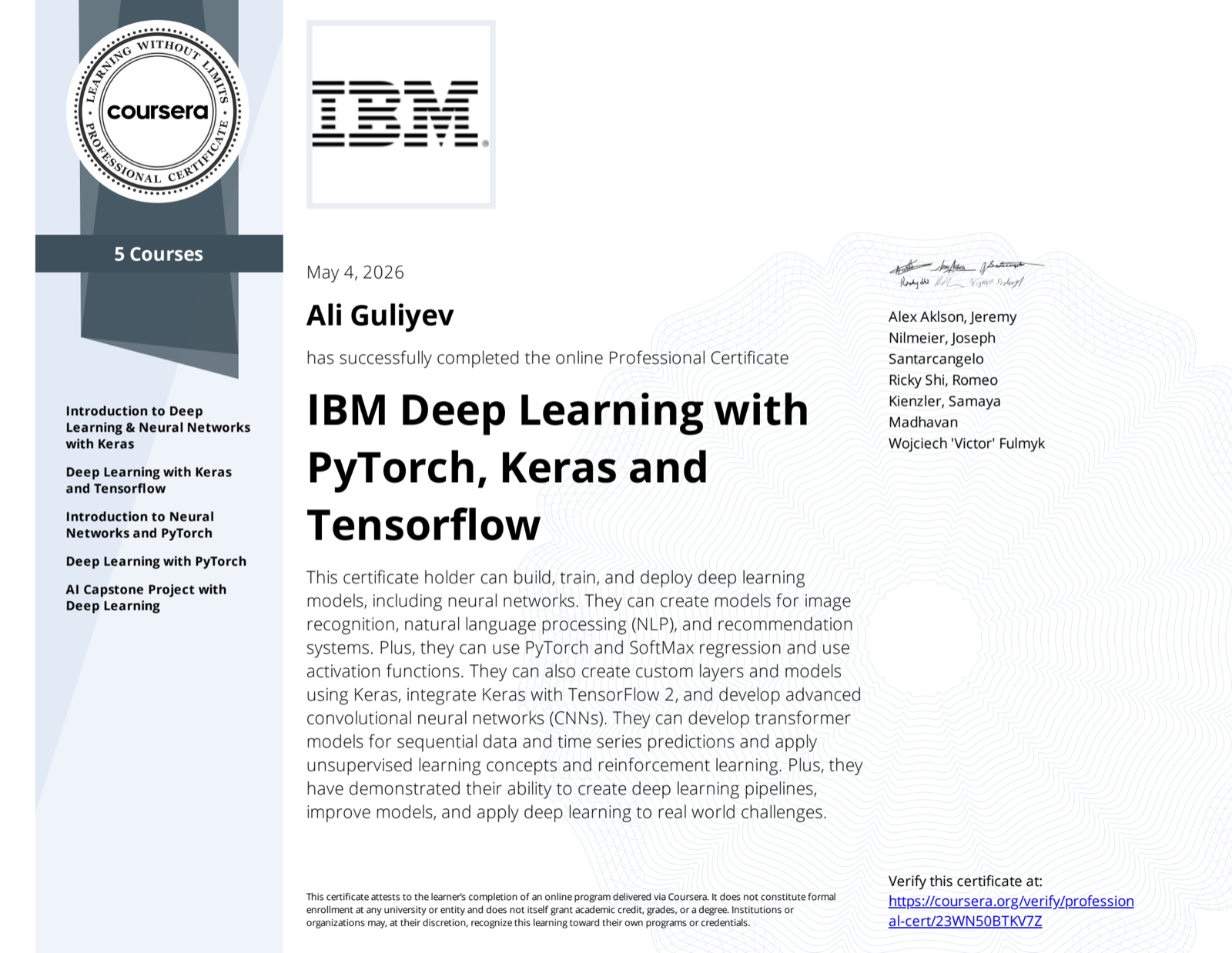 IBM Deep Learning with PyTorch, Keras and Tensorflow certificate preview