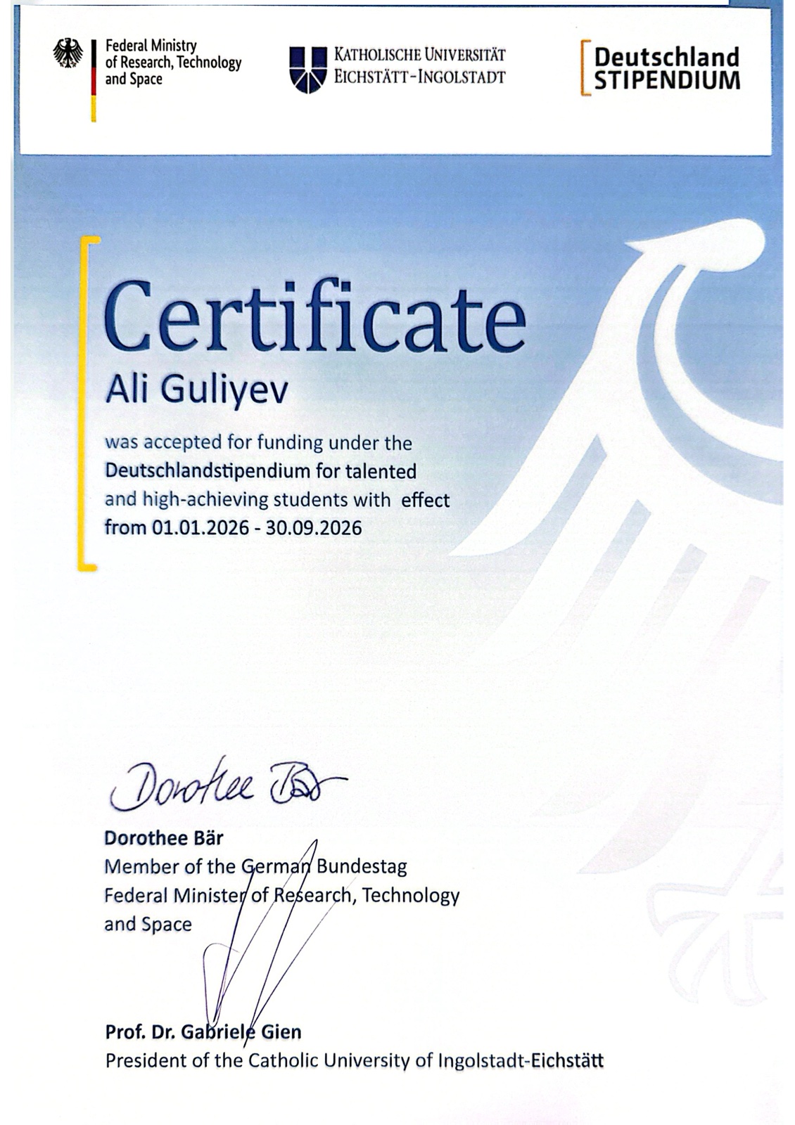 Deutschlandstipendium 2026 — award document